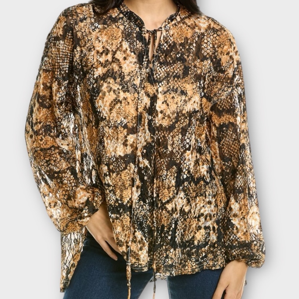 Free People Womenās Out For The Night Blouse Medium Snakeskin Semi Sheer Boho